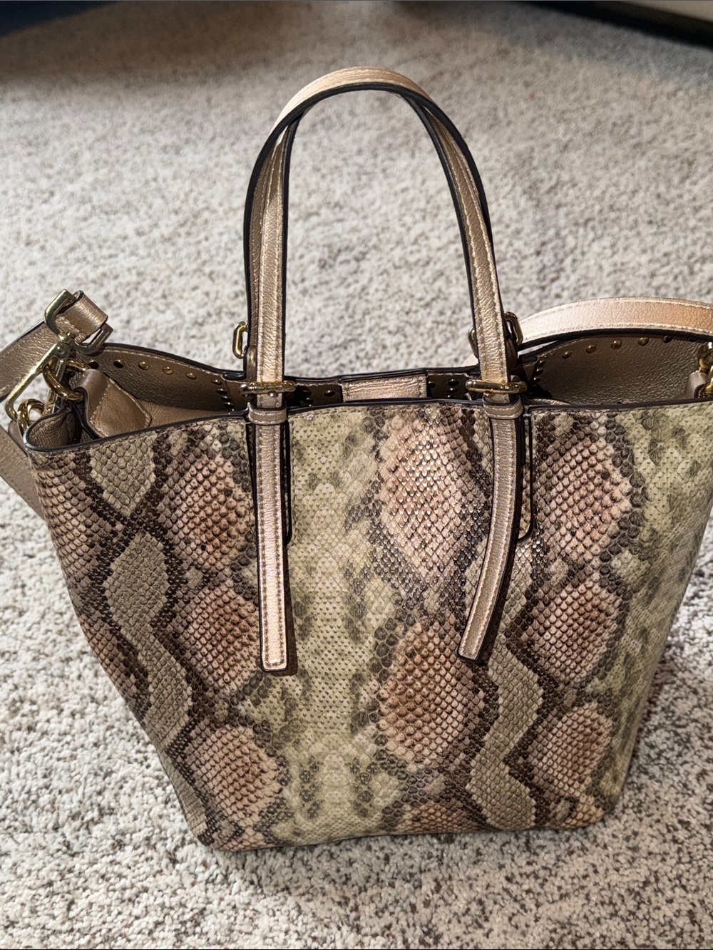 Calvin Klein Snake-Print Studded Tote Bag in Beige and Brown - Picture 3 of 12